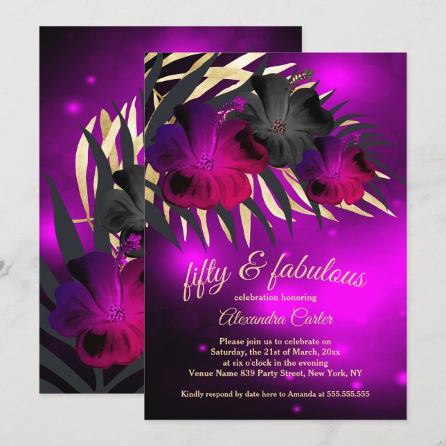 Invitation Fabuleux 50 Plum Purple Gold Black Hibiscus fête (Devant / Derrière)