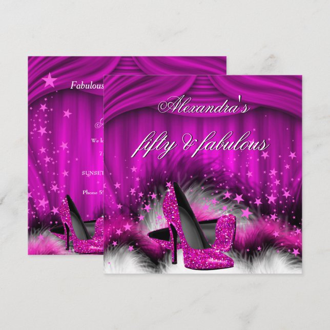 Invitation Fabuleux 50 Plum rose hauts talons plumes Annivers (Devant / Derrière)