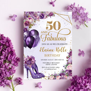 Invitation Fabuleux 50 Purple Girl Moderne 50e anniversaire
