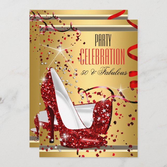 Invitation Fabuleux 50 Red Heels Gold 50th Birthday Party (Devant / Derrière)