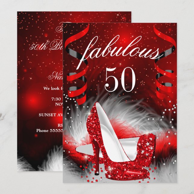 Invitation Fabuleux 50 Red High Heel fête d'anniversaire (Devant / Derrière)