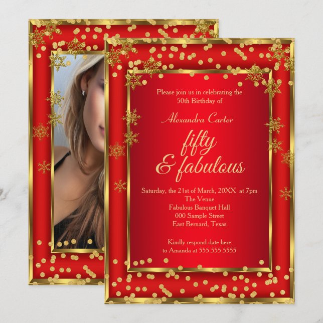 Invitation Fabuleux 50 Red Photo Gold Snowflake fête (Devant / Derrière)