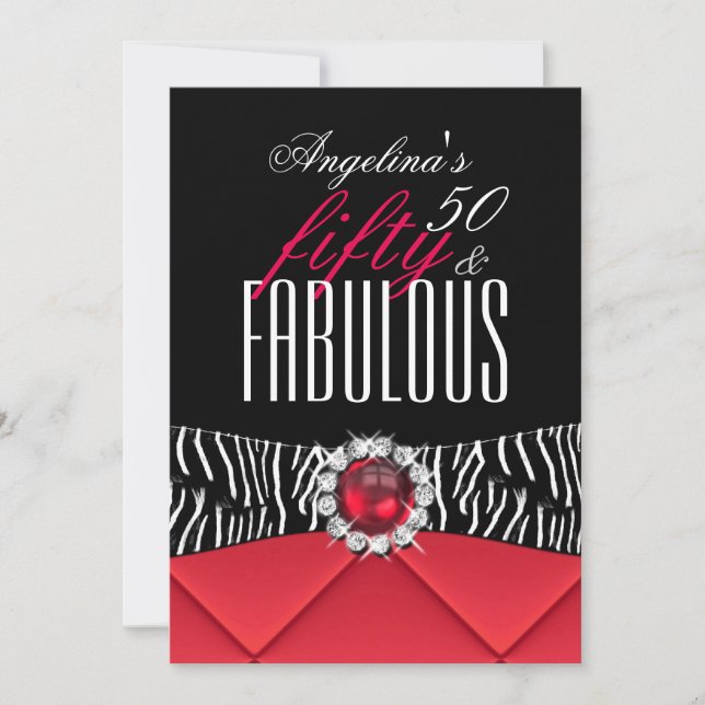 Invitation Fabuleux 50 Red Zebra Black White Anniversaire Par (Devant)