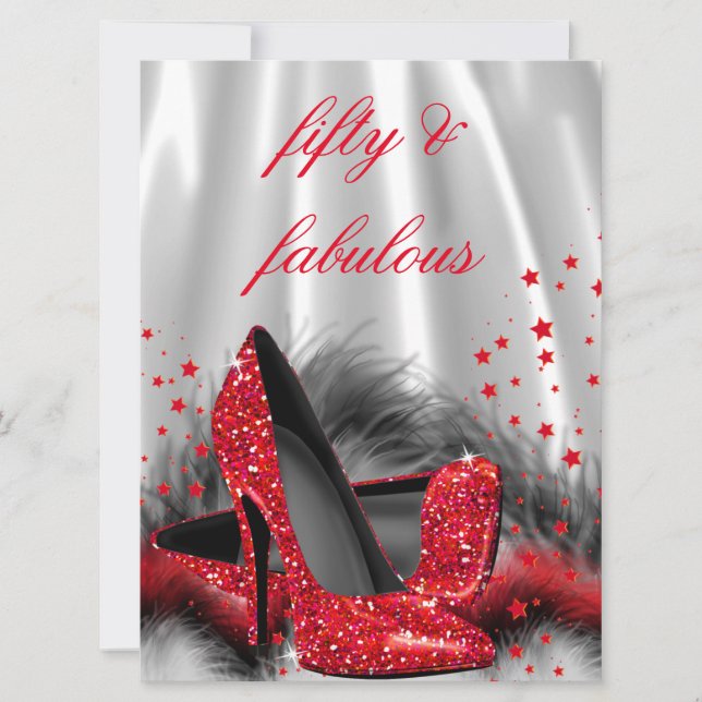 Invitation Fabuleux 50 Rouge Talons Hauts Noir Argent Anniver (Devant)