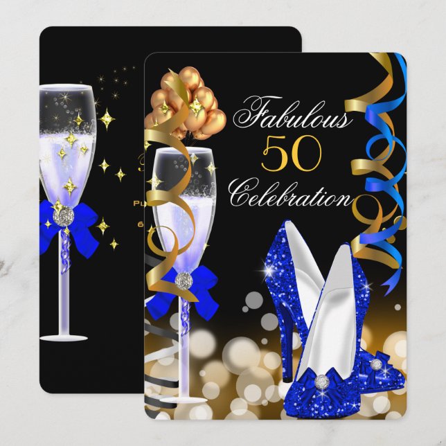 Invitation Fabuleux 50 Royal Blue Black Gold fête d'anniversa (Devant / Derrière)