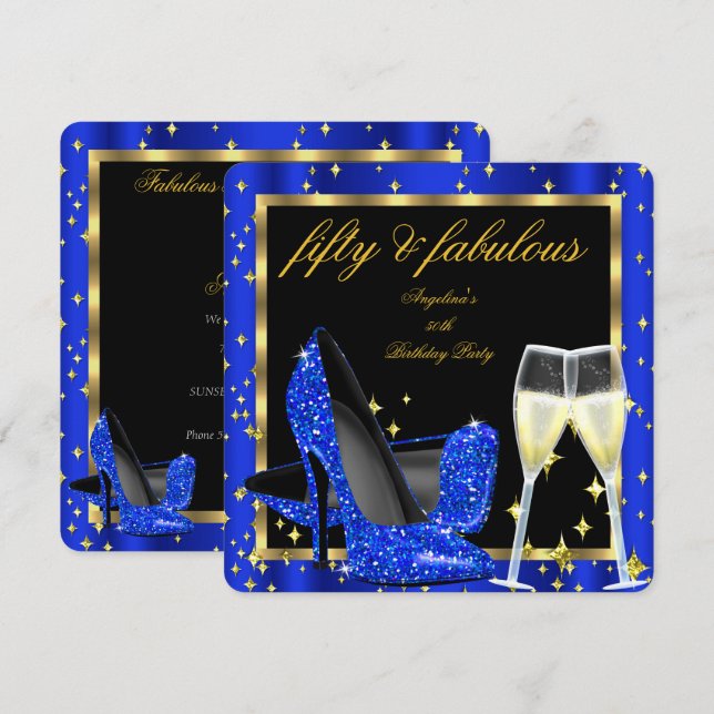 Invitation Fabuleux 50 Royal Blue Champagne Heels Anniversair (Devant / Derrière)