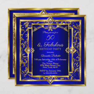 Invitation Fabuleux 50 Royal Blue Gold Damask fête d'annivers