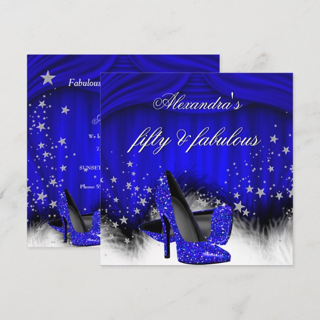 Invitation Fabuleux 50 Royal Blue talons plumes Anniversaire (Devant / Derrière)