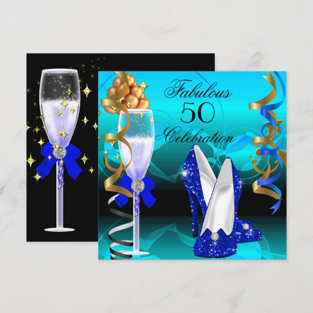 Invitation Fabuleux 50 Royal Blue Turquoise Gold fête d'anniv (Devant / Derrière)