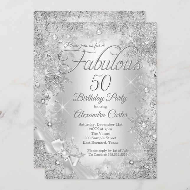 Invitation Fabuleux 50 Silver White Pearl Bow Snowflake (Devant / Derrière)