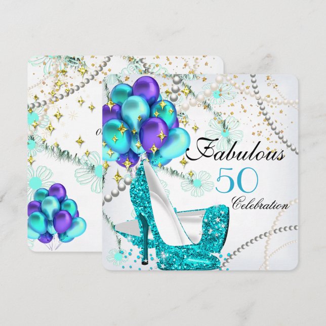 Invitation Fabuleux 50 Turquoise Bleu hauts talons Floral Ann (Devant / Derrière)