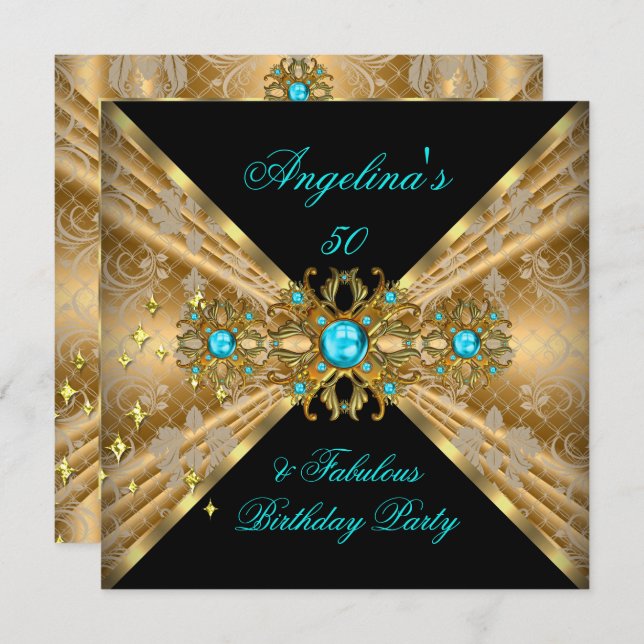 Invitation Fabuleux 50 Turquoise Blue Gold Black Damask Anniv (Devant / Derrière)