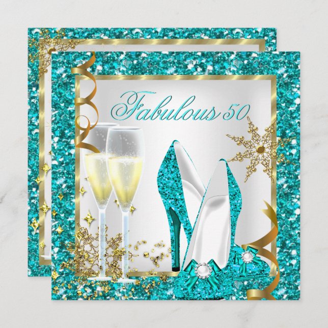 Invitation Fabuleux 50 Turquoise Blue Parties scintillant Gol (Devant / Derrière)