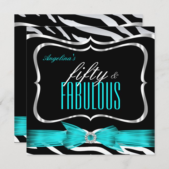 Invitation Fabuleux 50 Turquoise Blue Zebra Black Elegant Ann (Devant / Derrière)
