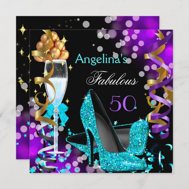 Invitation Fabuleux 50 Turquoise Purple Heels Gold Bubbles Pa (Devant / Derrière)