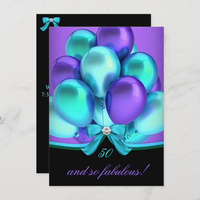 Invitation Fabuleux 50 Turquoise violet noir fête d'anniversa (Devant / Derrière)