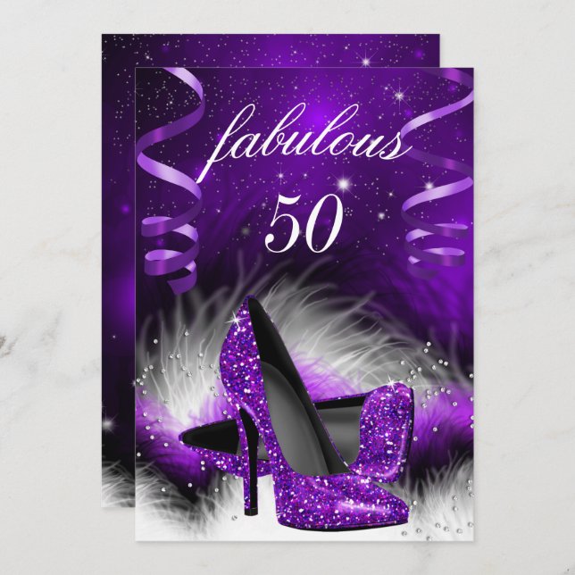 Invitation Fabuleux 50 violet haut talon fête d'anniversaire (Devant / Derrière)
