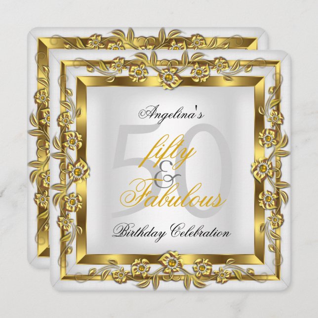 Invitation Fabuleux 50 White Floral Gold fête d'anniversaire (Devant / Derrière)