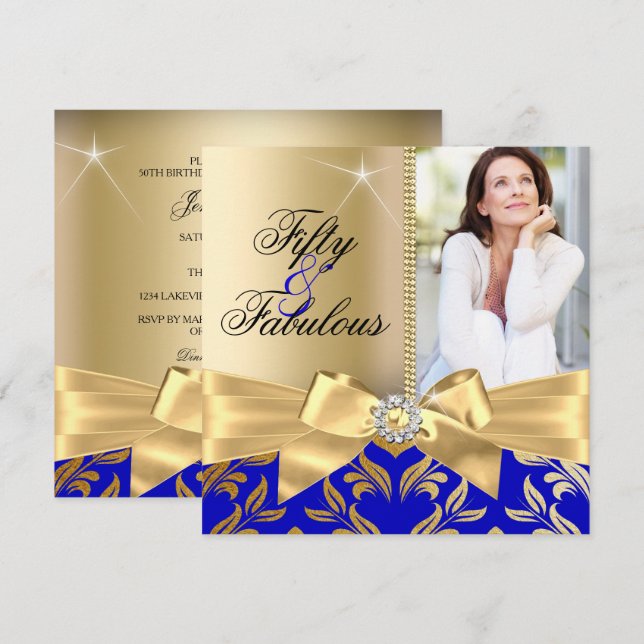 Invitation Fabuleux 50e Anniversaire Bleu Or Feuille & Nœud (Devant / Derrière)