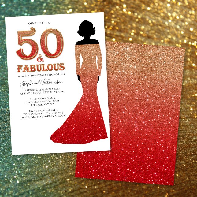 Invitation Fabuleux 50e anniversaire Ombre Parties scintillan (Fabulous 50th Birthday Ombre Glitter Gown Invitation)