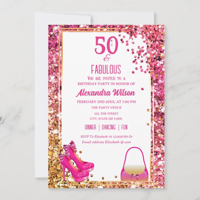 Invitation Fabuleux 50e anniversaire talons hauts Pink Glitte (Devant)