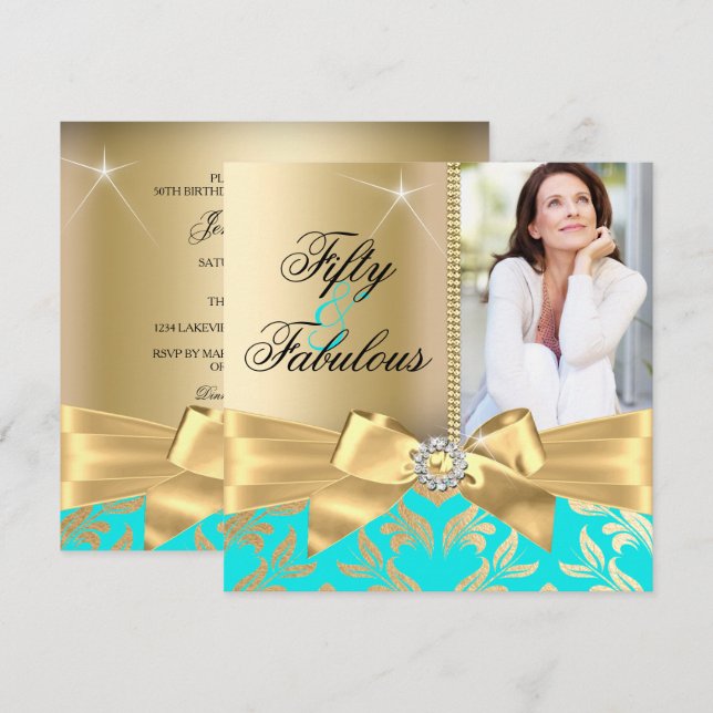 Invitation Fabuleux 50e Anniversaire Turquoise et Feuille d'O (Devant / Derrière)