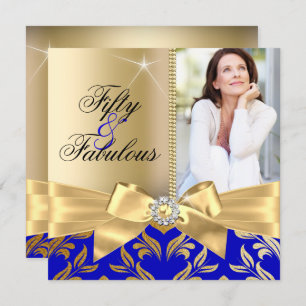 Invitation Fabuleux 50e Blue Gold Leaf & Bow 50e anniversaire