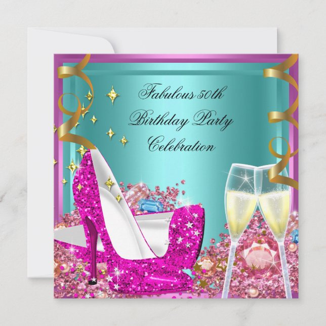 Invitation Fabuleux 50e Parties scintillant Turquoise rose ha (Devant)