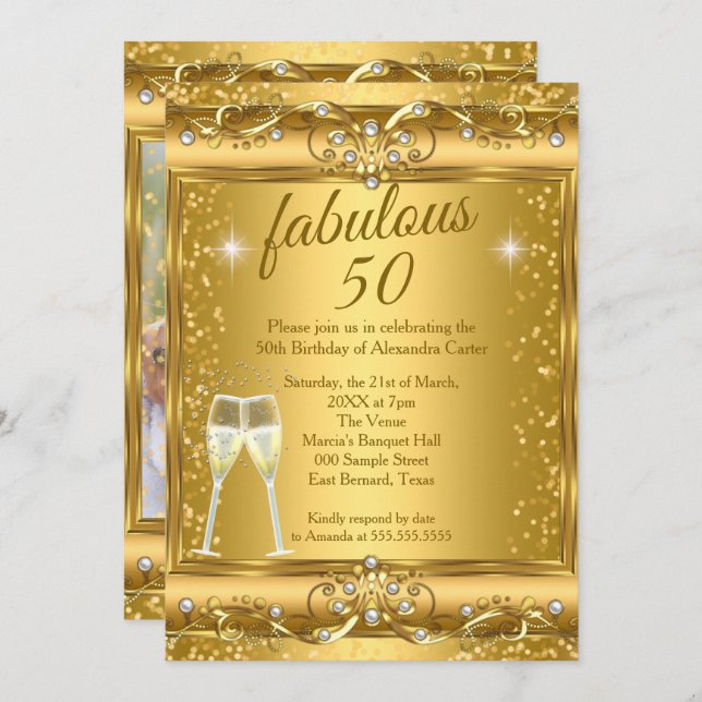 Invitation Fabuleux 50e Photo scintillante Gold Champagne Par (Devant / Derrière)