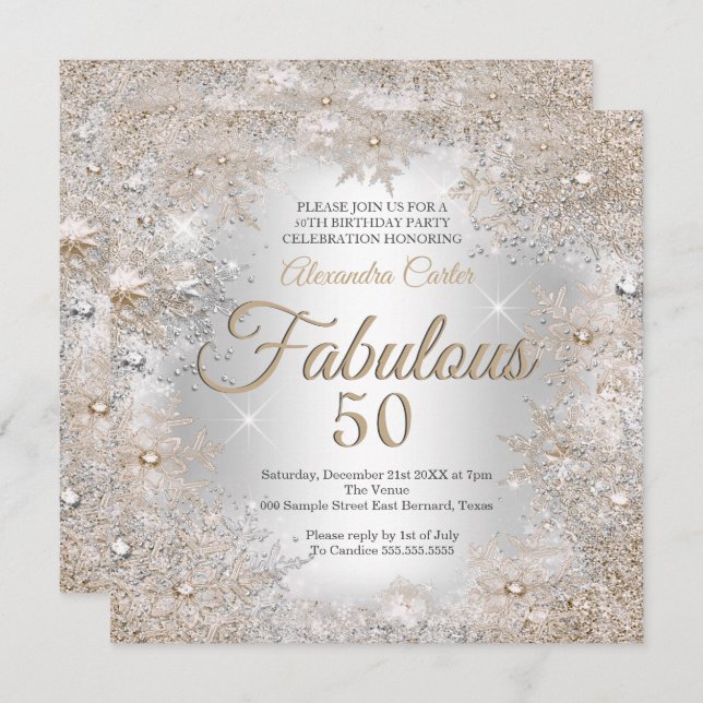 Invitation Fabuleux 50ème Fête Photo Silver Beige Snowflakes (Devant / Derrière)