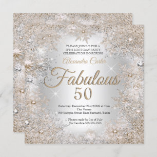 Invitation Fabuleux 50ème Fête Photo Silver Beige Snowflakes