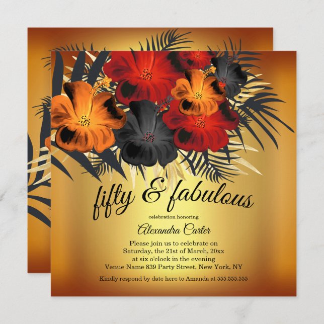 Invitation Fabuleux 50ème Gold Red Orange Black Hibiscus fête (Devant / Derrière)