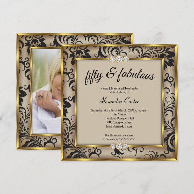 Invitation Fabuleux 50ème Photo Beige Black Damask Gold Party (Devant / Derrière)