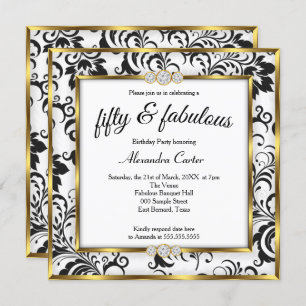 Invitation Fabuleux 50ème Photo Black white Gold Damask Party