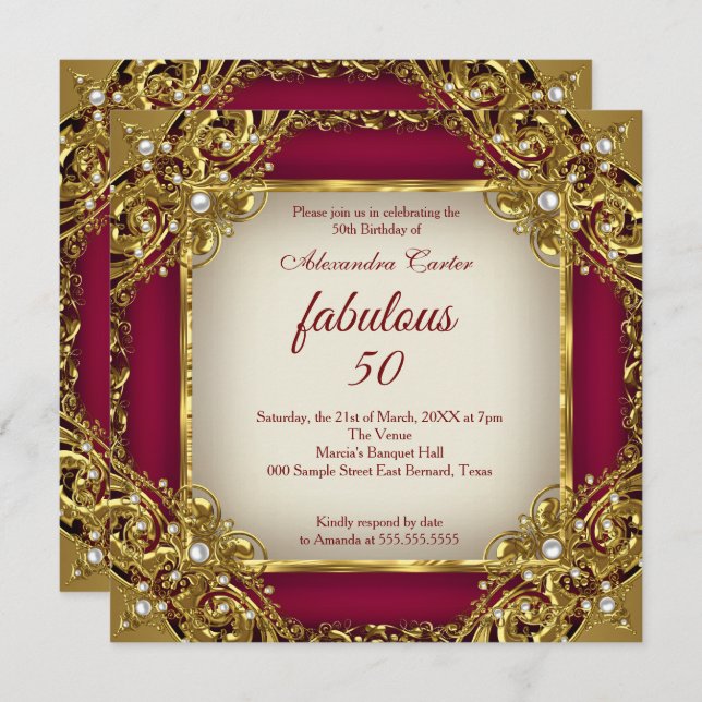 Invitation Fabuleux 50ème Photo Burgundy rouge beige Gold Par (Devant / Derrière)