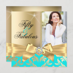 Invitation Fabuleux 50ème Turquoise Gold Leaf & Bow 50ème ann