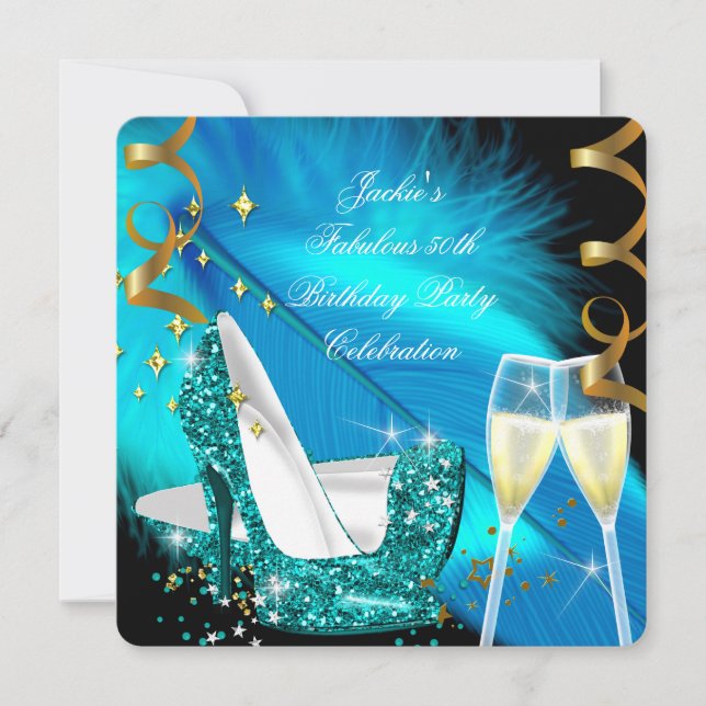 Invitation Fabuleux 50ème Turquoise Parties scintillant Bleue (Devant)
