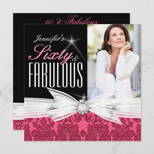Invitation Fabuleux 60 Photo Damask Pink 60e fête d'anniversa (Devant / Derrière)