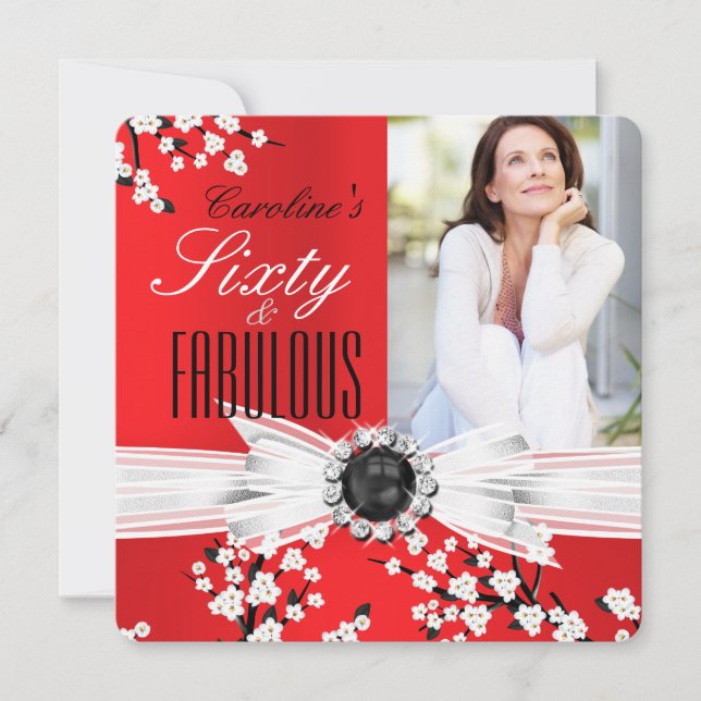 Invitation Fabuleux 60 Photo Elegant Red Blossom Anniversaire (Devant)