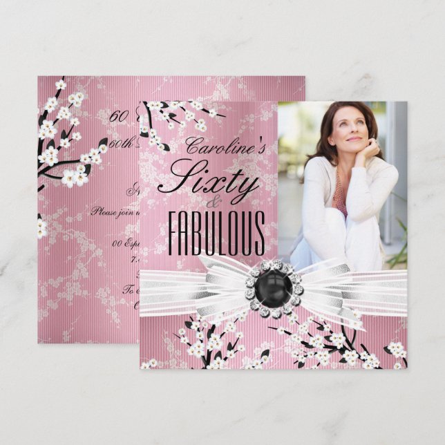 Invitation Fabuleux 60 Photo Elegant Rose Blossom Anniversair (Devant / Derrière)