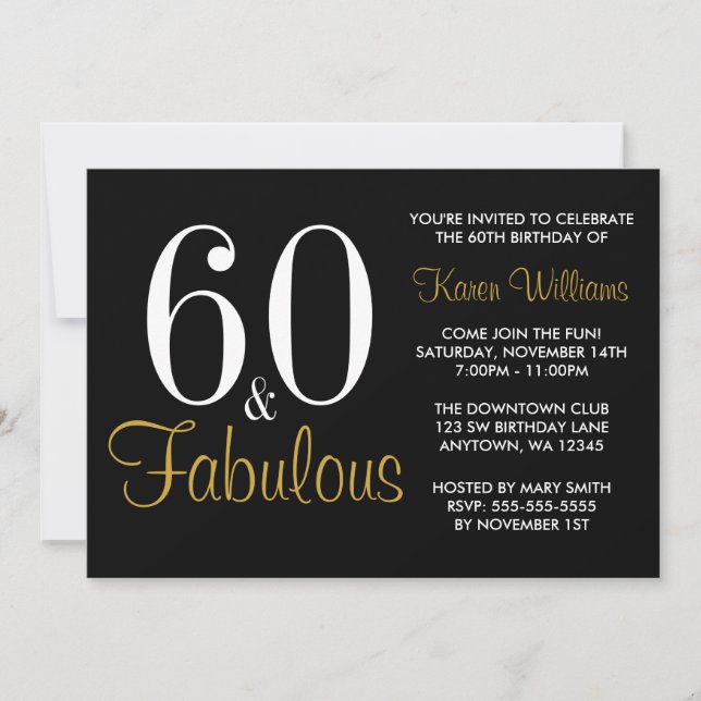 Invitation Fabuleux 60e fête d'anniversaire Black and Gold (Devant)