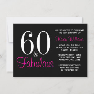 Invitation Fabuleux 60e fête d'anniversaire rose noir