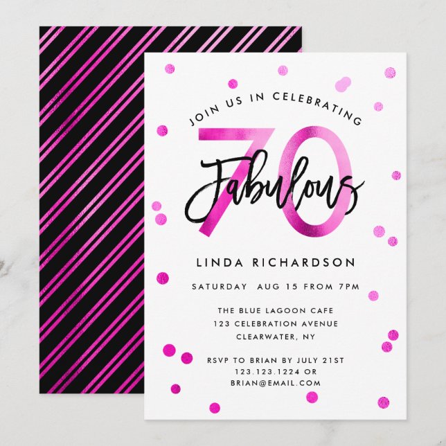 Invitation Fabuleux 70e | Moderne Chic Rose fête d'anniversai (Devant / Derrière)