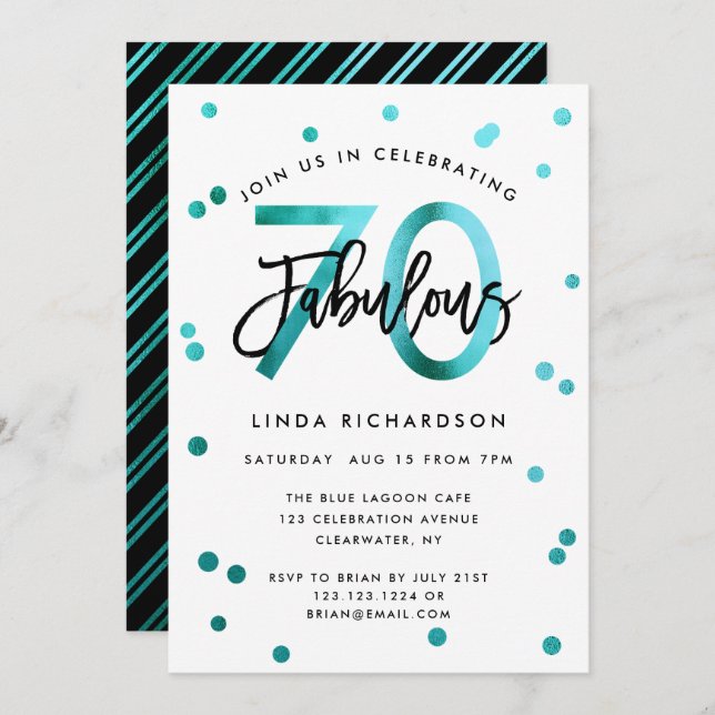 Invitation Fabuleux 70e | Moderne Elegant Turquoise fête d'an (Devant / Derrière)