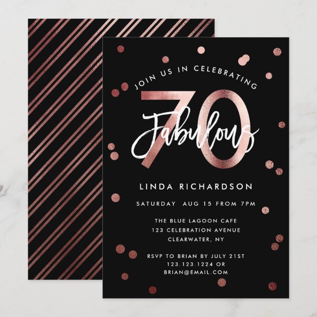 Invitation Fabuleux 70e | Soignée Rose Gold Anniversaire (Devant / Derrière)