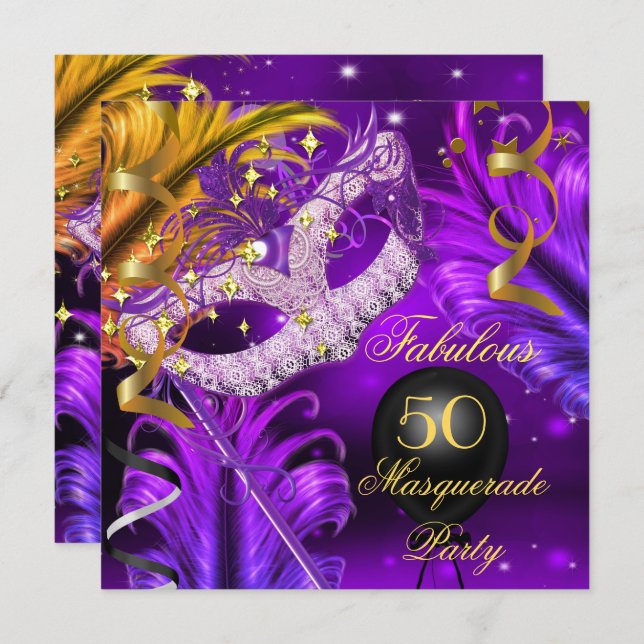 Invitation Fabuleux Anniversaire Purple Gold Masquerade Party (Devant / Derrière)