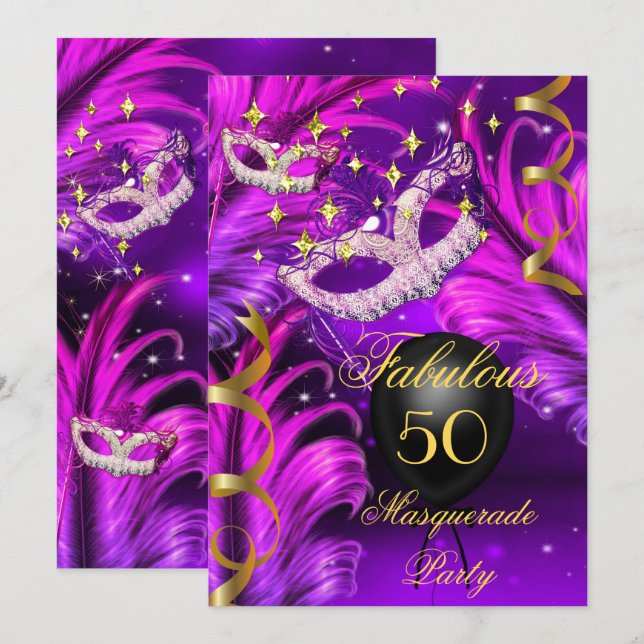 Invitation Fabuleux Anniversaire Purple rose masque mascarade (Devant / Derrière)