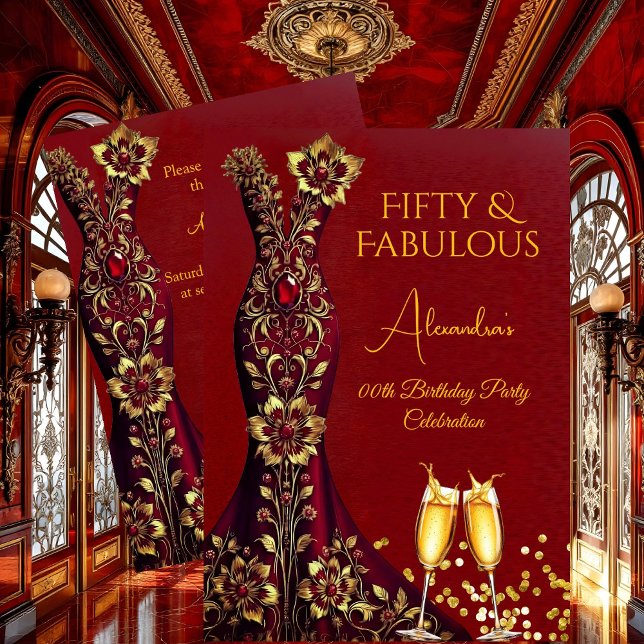 Invitation Fabuleux Anniversaire Rouge Gems Gold Robe Champag (Créateur téléchargé)