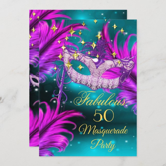 Invitation Fabuleux Anniversaire turquoise Purple rose masque (Devant / Derrière)