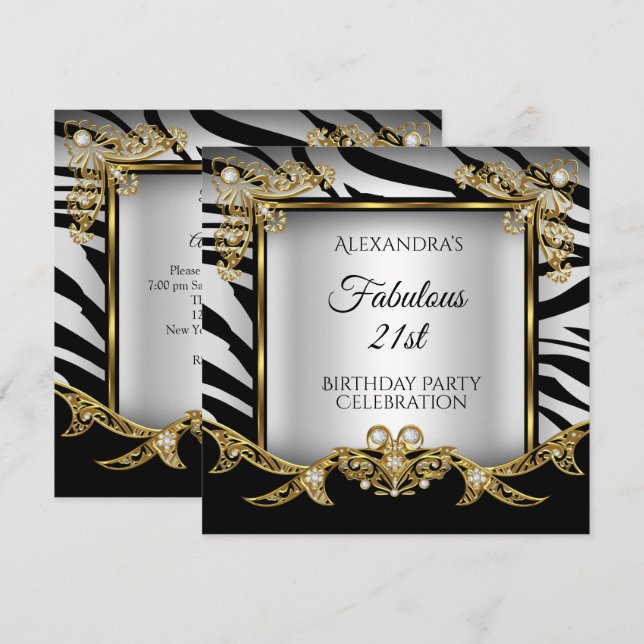 Invitation Fabuleux Black White Zebra Gold 21e anniversaire (Devant / Derrière)